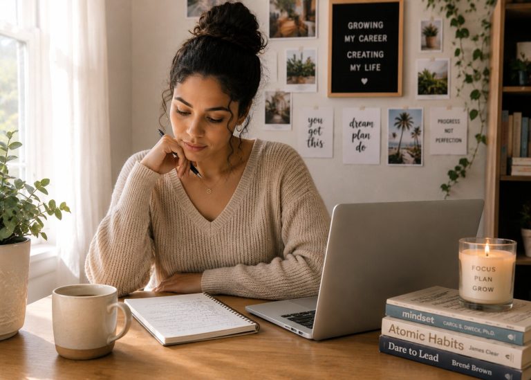 Woman sitting at a home office desk planning career goals and professional growth.