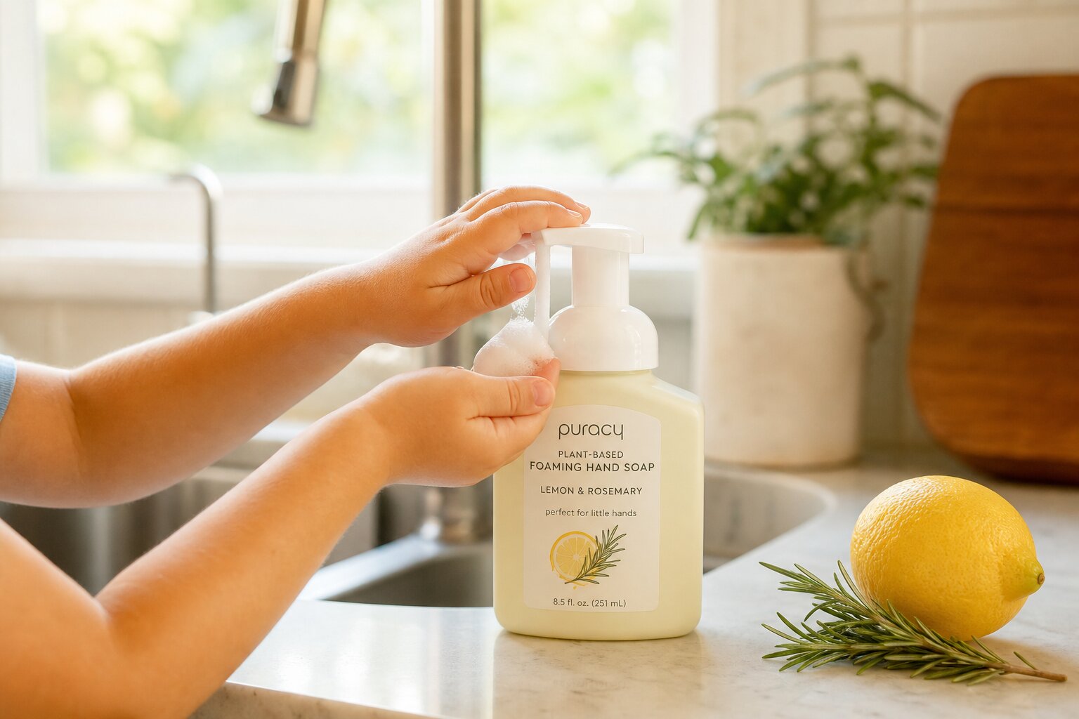 Child pressing a bottle of plant-based hand soap near a bathroom sink.