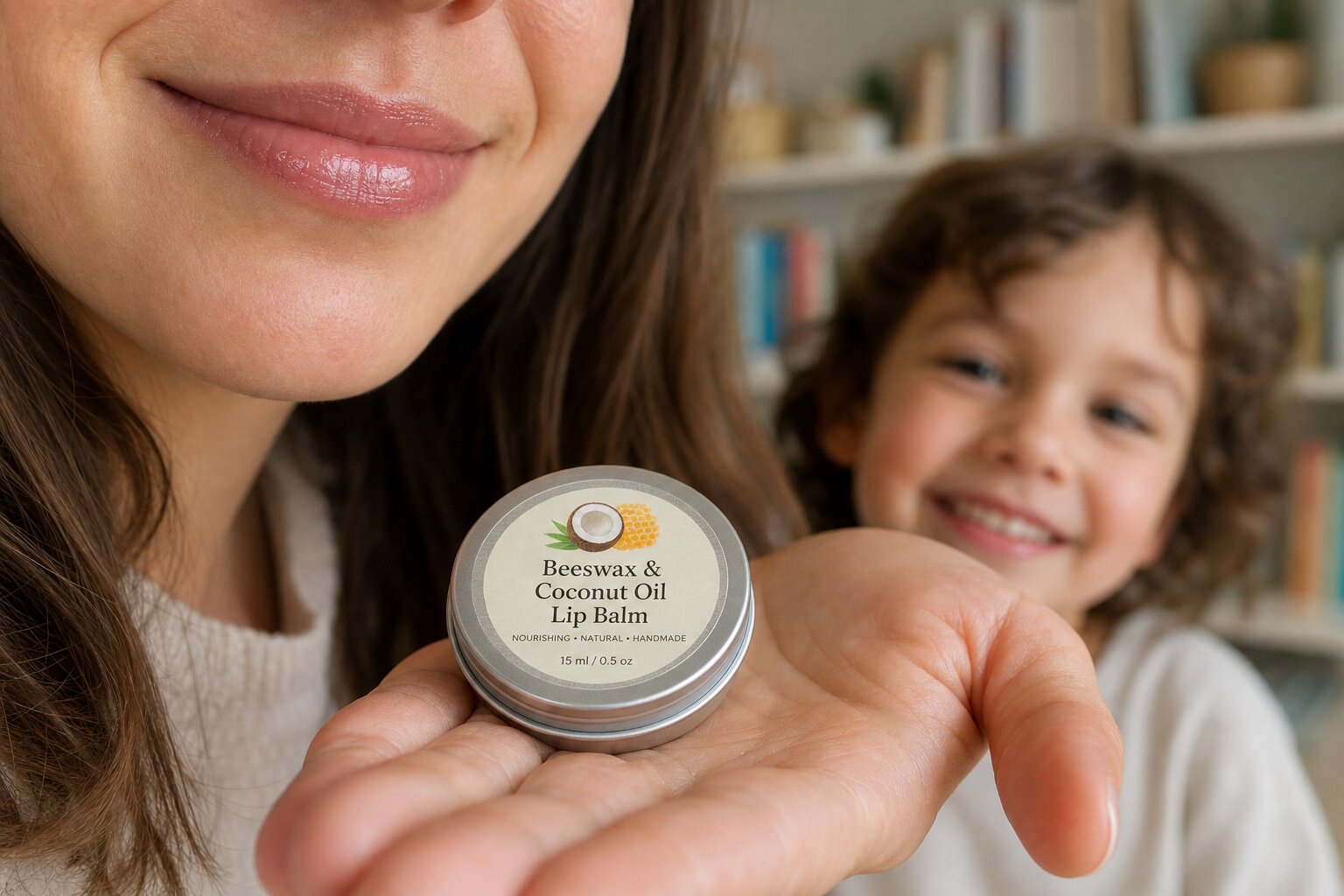 Woman and child holding a natural lip balm tin in a bright bathroom.