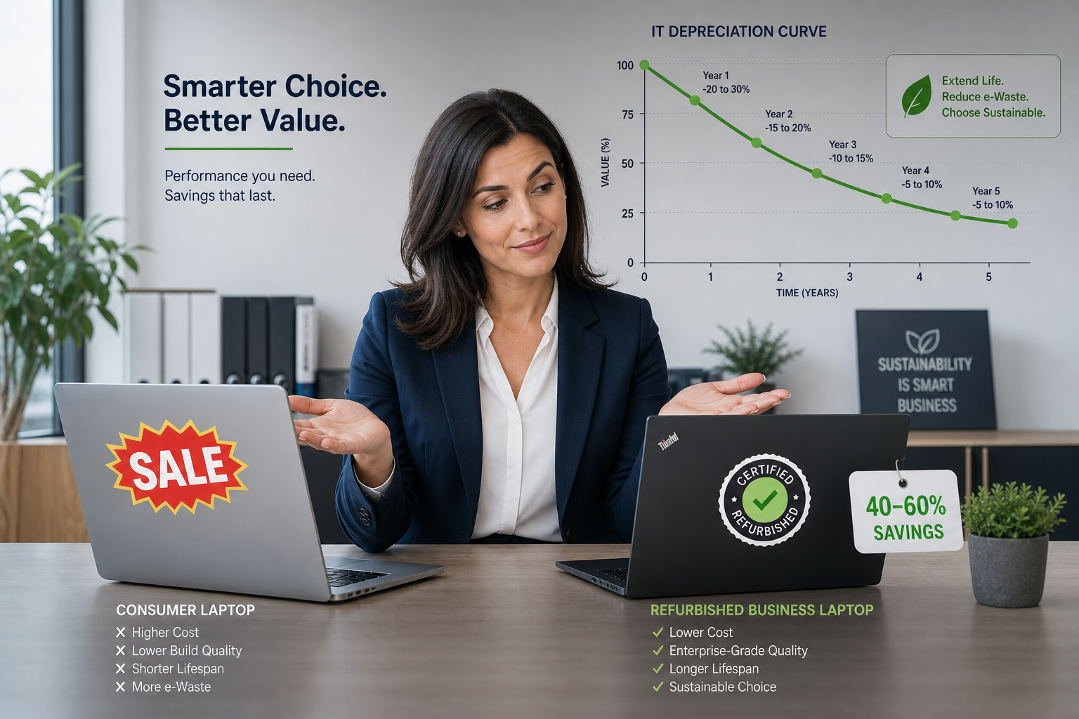 Comparison between a consumer laptop and a refurbished business laptop for professional use.