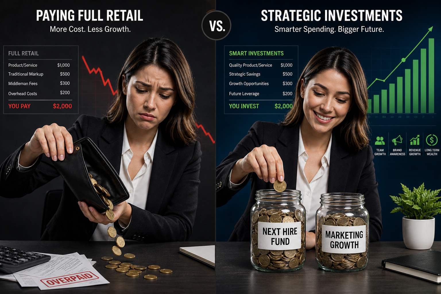 Side-by-side comparison of emotional spending versus strategic business investment decisions.