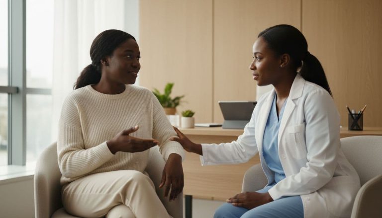 Patient speaking with a medical professional during a healthcare consultation