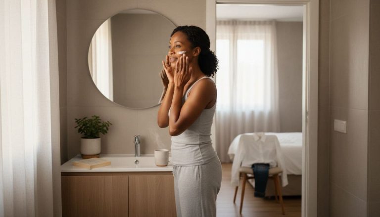 Black woman practicing simple self-care at home as part of a confidence-building daily routine.