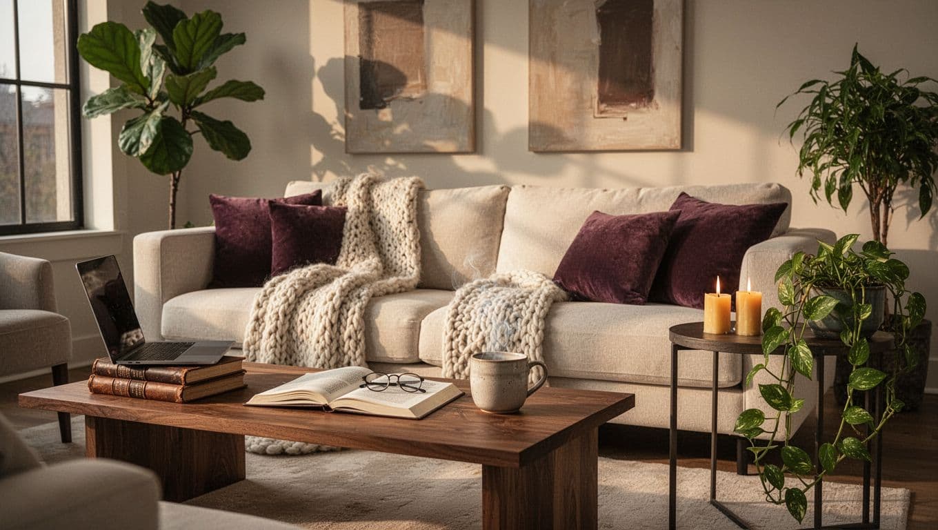 Cozy living room with neutral decor, purple accent pillows, plants, candles, and a warm relaxing atmosphere.