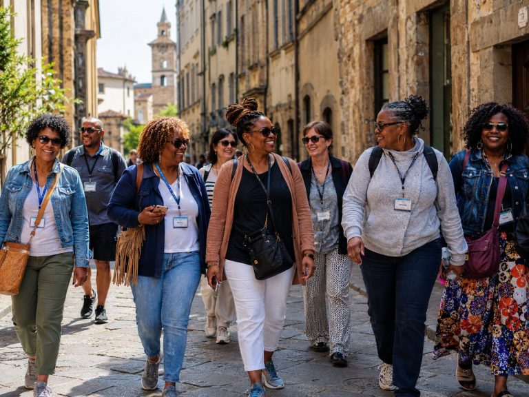 Diverse group of adult travelers walking together through a historic city street during a group trip.