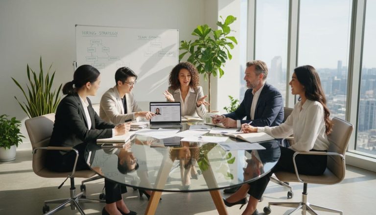 diverse business team reviewing resumes and discussing candidates in office meeting