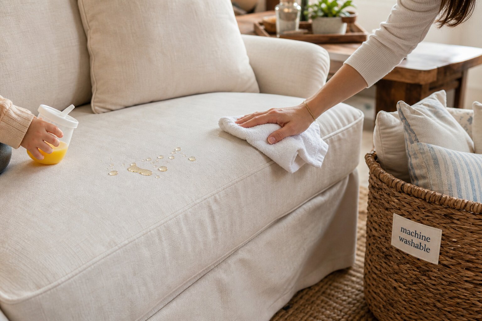 Parent wiping a spill from a light-colored sofa in a cozy family living room.