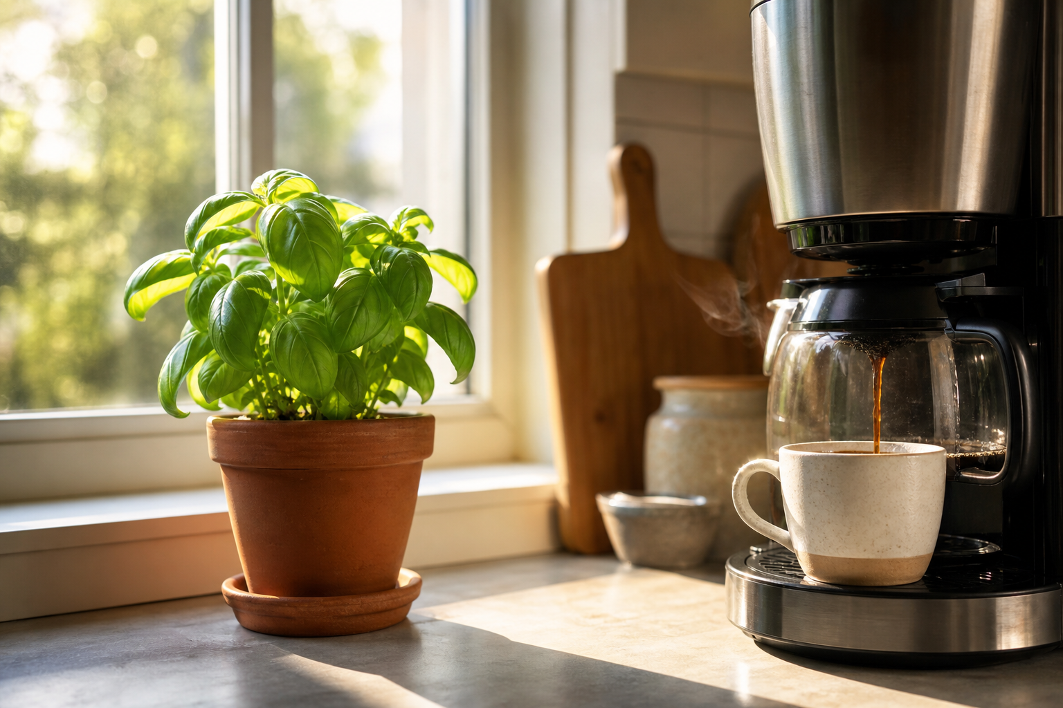 Small basil plant beside a coffee maker on a sunny kitchen counter.