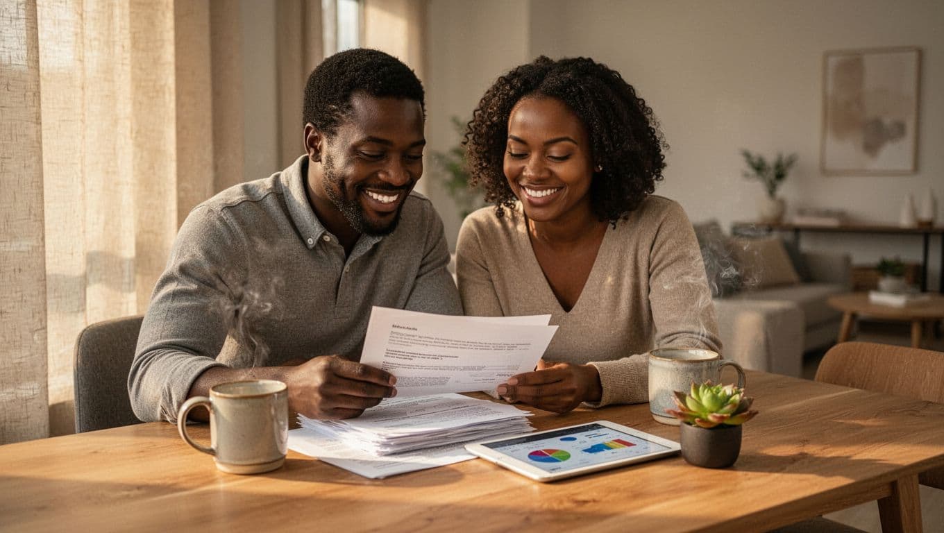 Couple reviewing financial documents together at a dining table with a tablet and coffee mugs nearby.