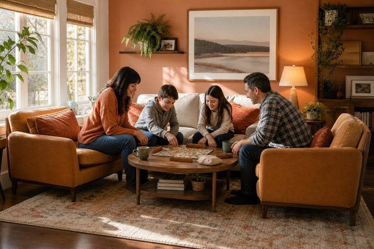Family playing a board game together in a warm and cozy small living room.