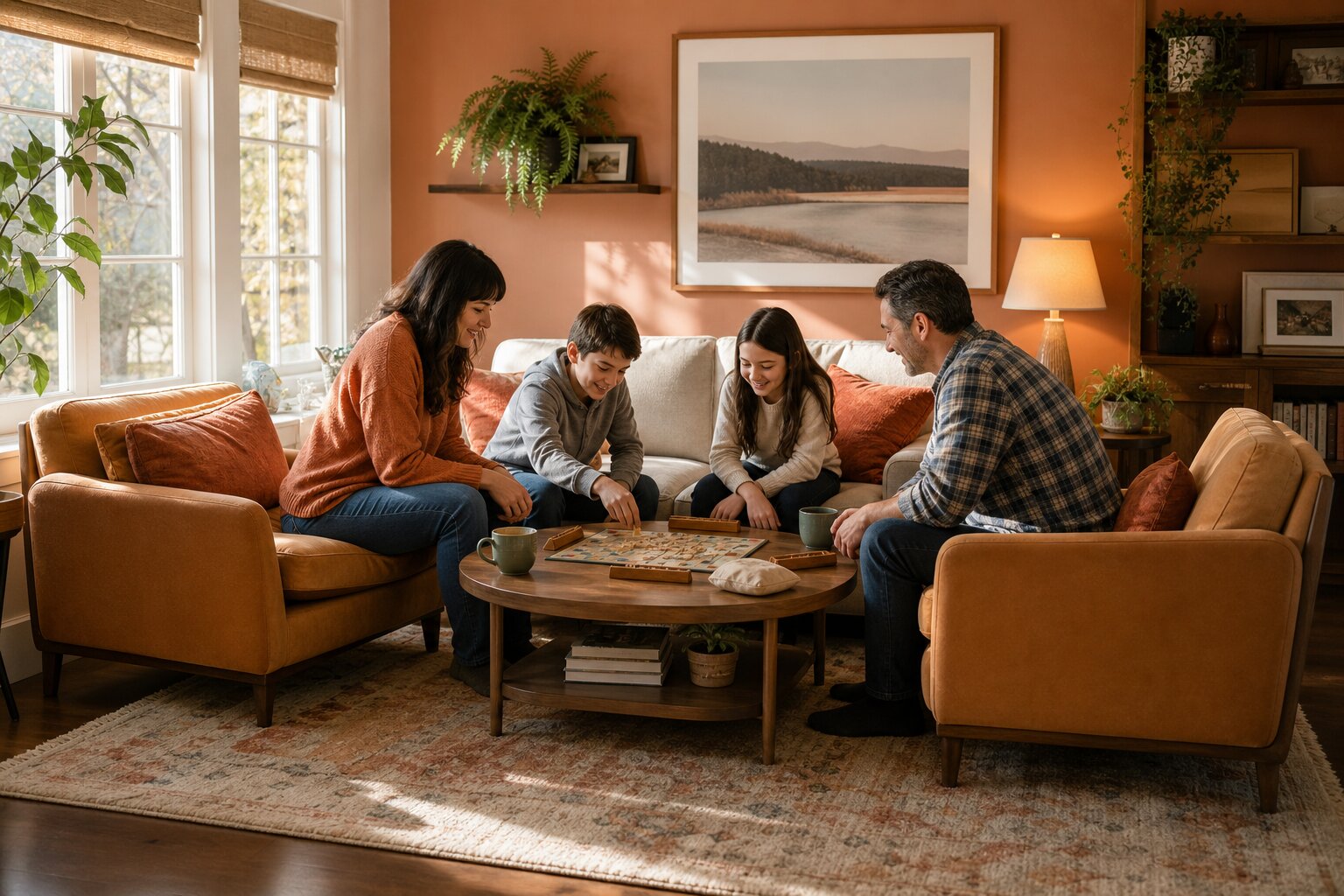 Family playing a board game together in a warm and cozy small living room.