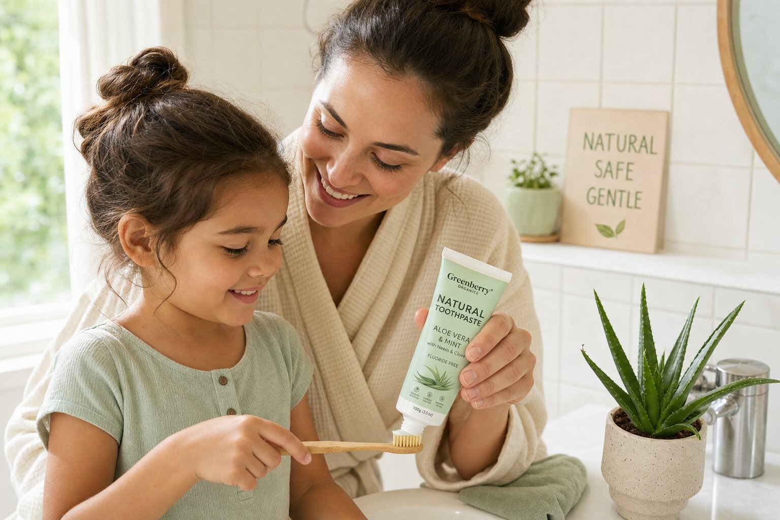 Mother and daughter looking at a natural toothpaste tube in a bright bathroom.