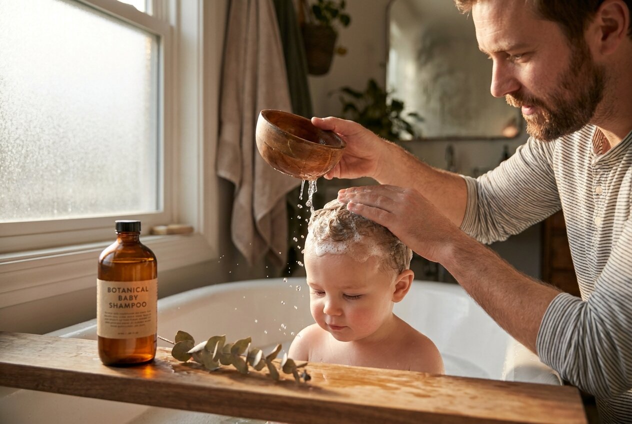 Father washing a young child’s hair with gentle shampoo during bath time.