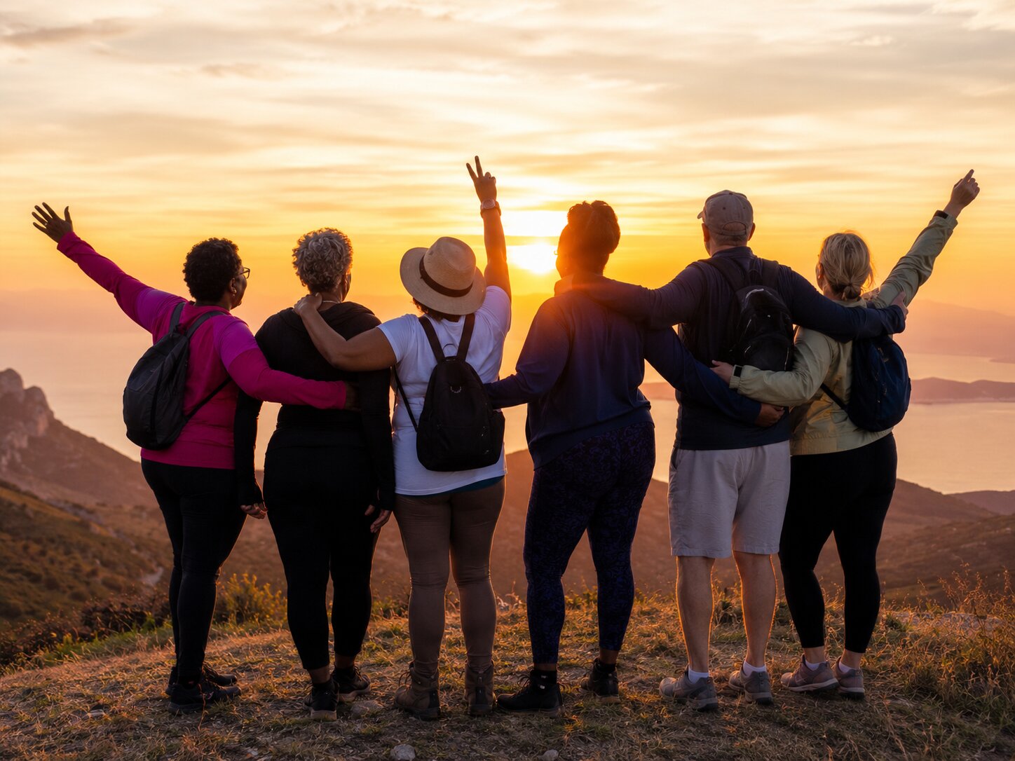 Diverse group of travelers standing together at a sunset overlook during a shared group adventure.
