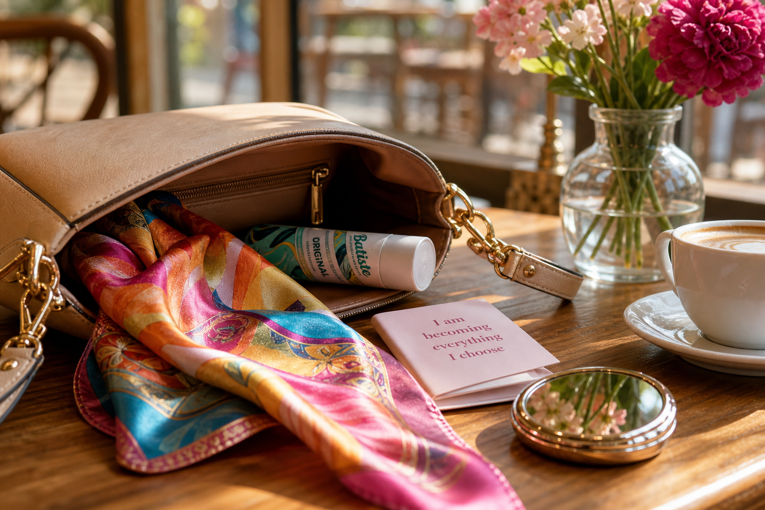 Open handbag with a colorful scarf, a book, and coffee on the table.