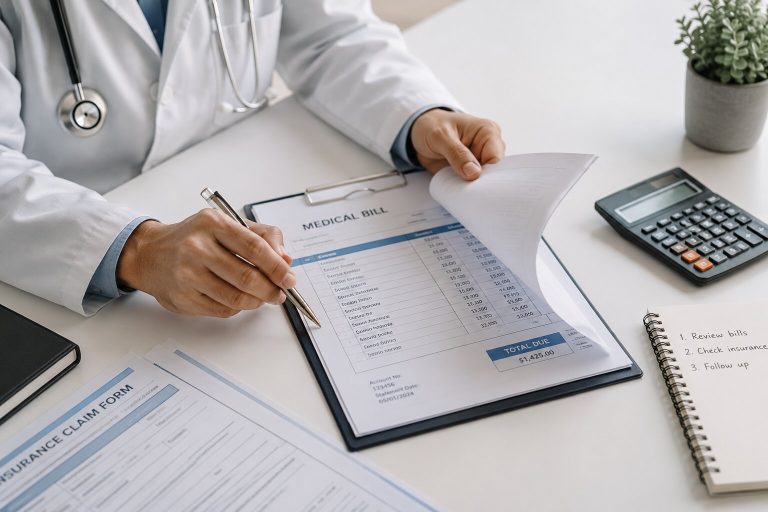 Doctor reviewing medical bills and insurance paperwork after a car accident.