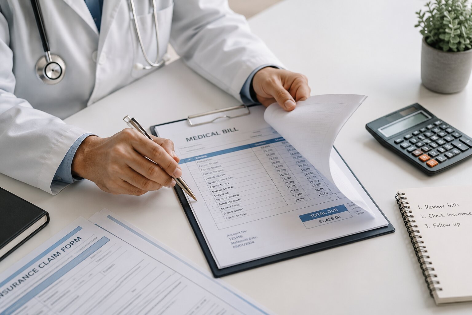 Doctor reviewing medical bills and insurance paperwork after a car accident.