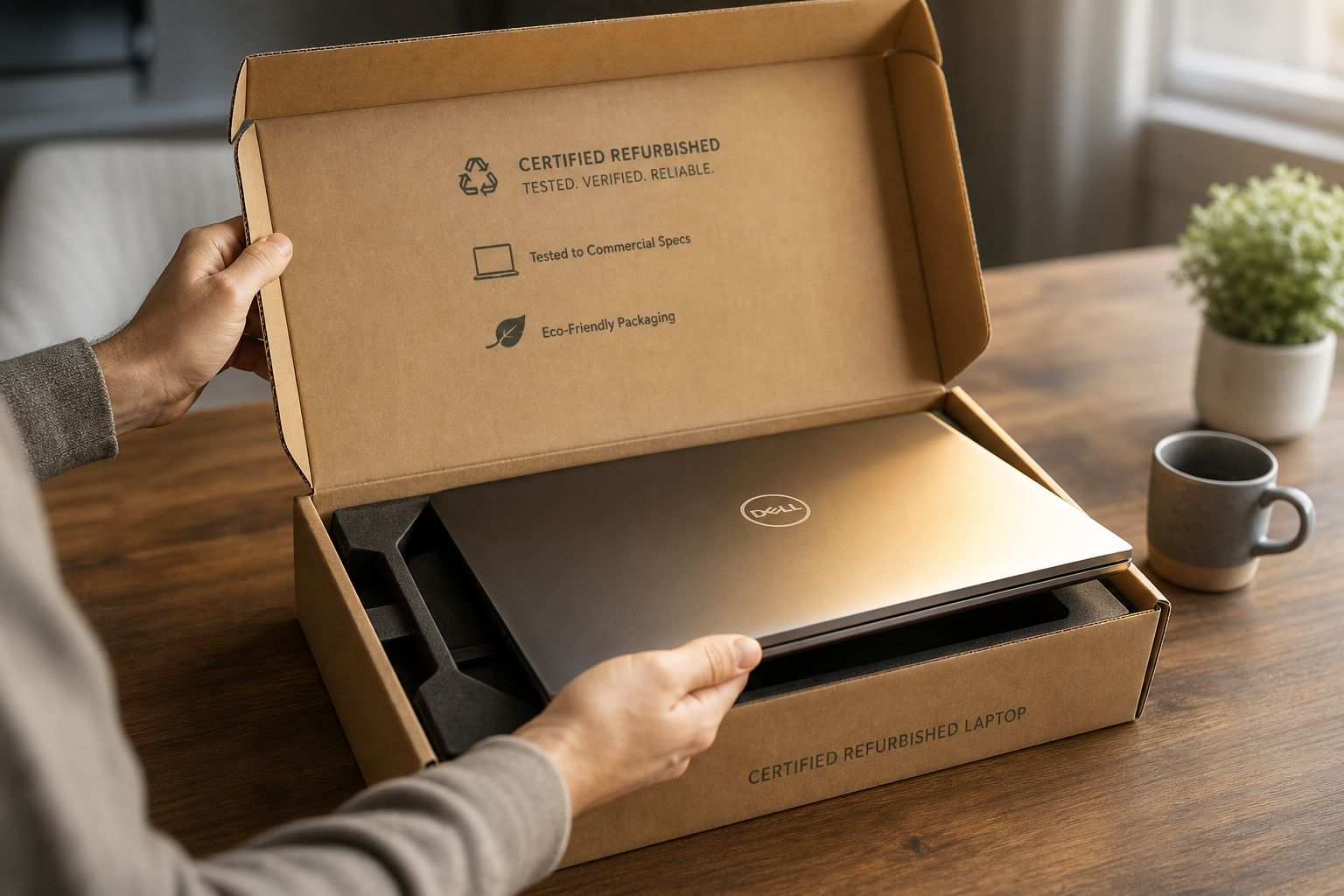 Hands opening a certified refurbished laptop in eco-friendly packaging.