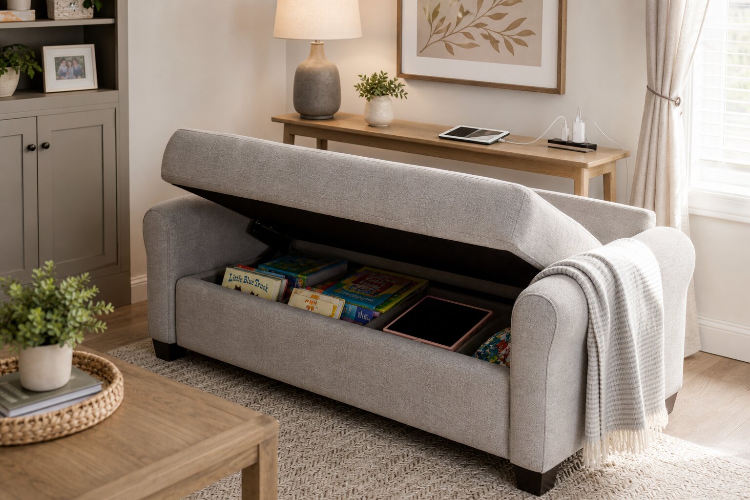 Grey sofa with hidden storage compartments holding books, toys, and a tablet in a small living room.