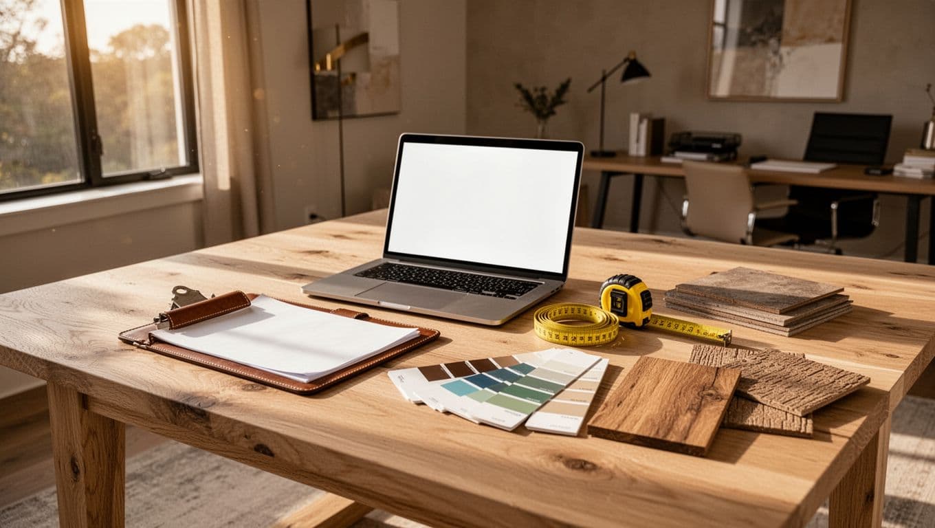 Home renovation planning workspace with flooring samples, paint swatches, measuring tape, and a laptop.