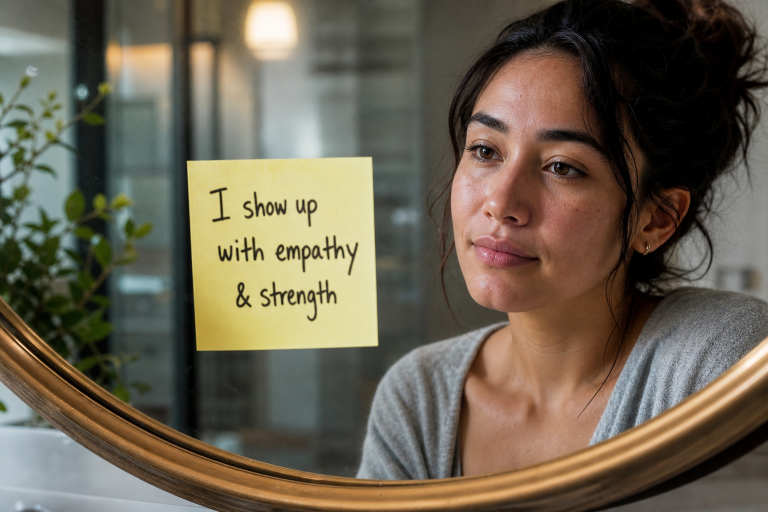 Woman looking into a mirror beside a sticky note that says “I show up with empathy and strength.”