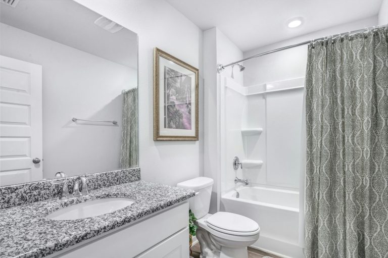 modern bathroom with granite countertop, mirror, toilet, and bathtub with shower curtain