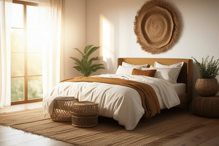 Calm cozy bedroom with soft bedding, warm natural light, neutral colors, plants, and woven textures.