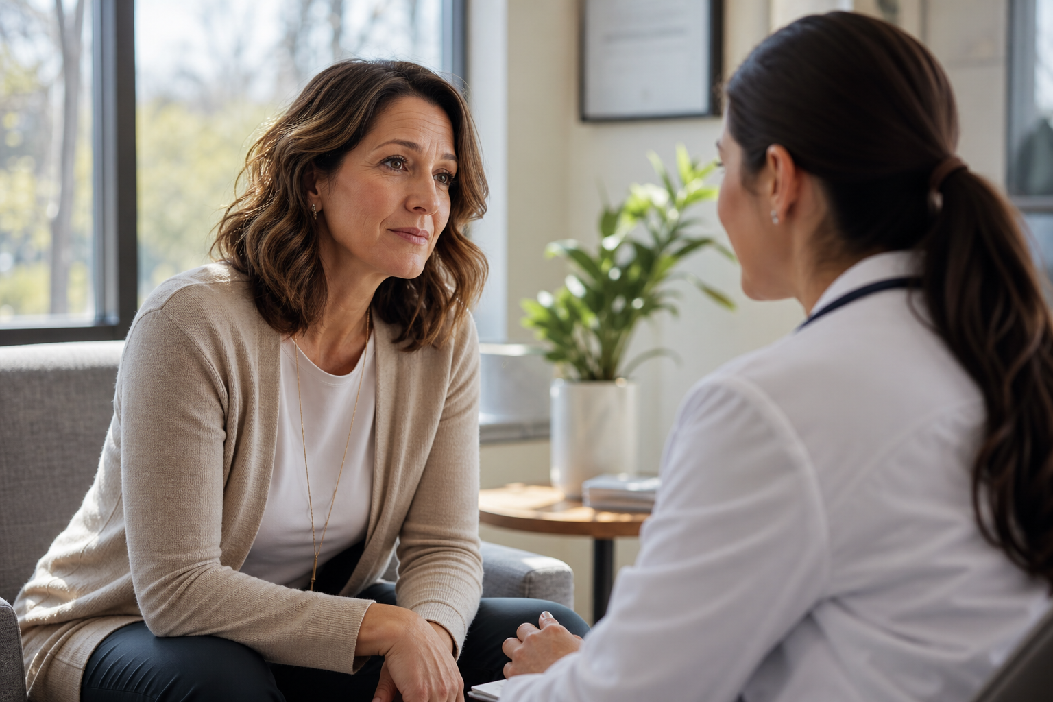 Doctor and patient in a thoughtful conversation.