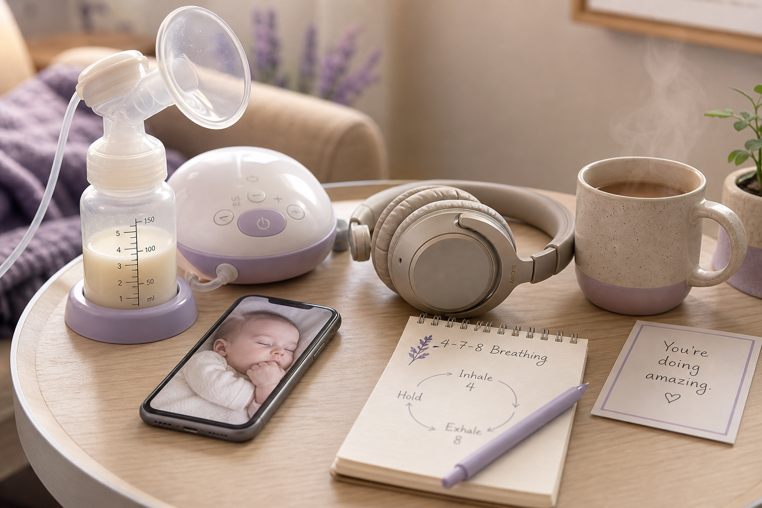 Breast pump, phone with baby, headphones, mug, and notebook