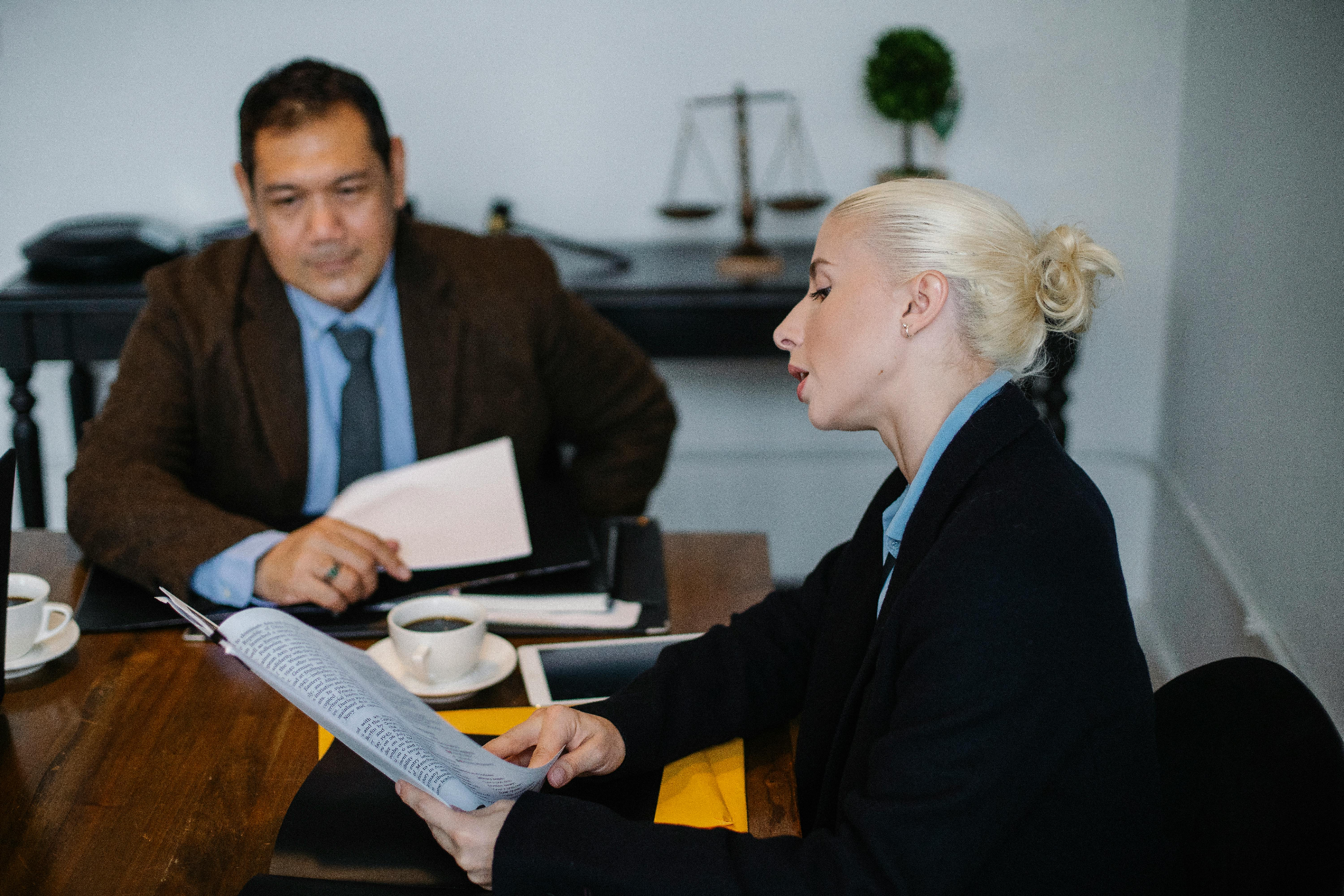Two business professionals reviewing paperwork during a legal consultation meeting.