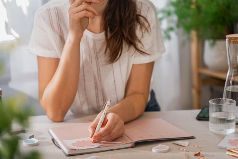 Woman writing in a journal while planning future activities and personal goals at home