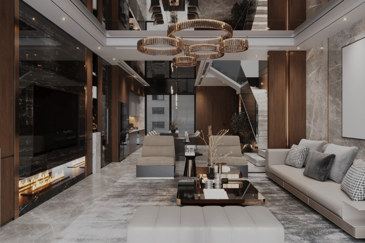 Modern luxury living room with layered lighting, marble accents, and stylish neutral furniture