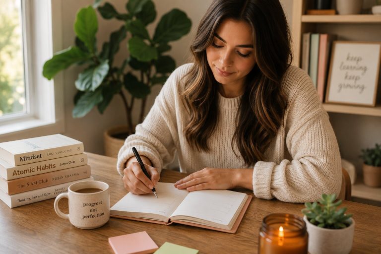 Woman journaling and reading books focused on personal growth and lifelong learning