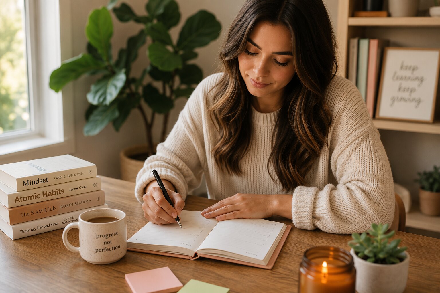 Woman journaling and reading books focused on personal growth and lifelong learning