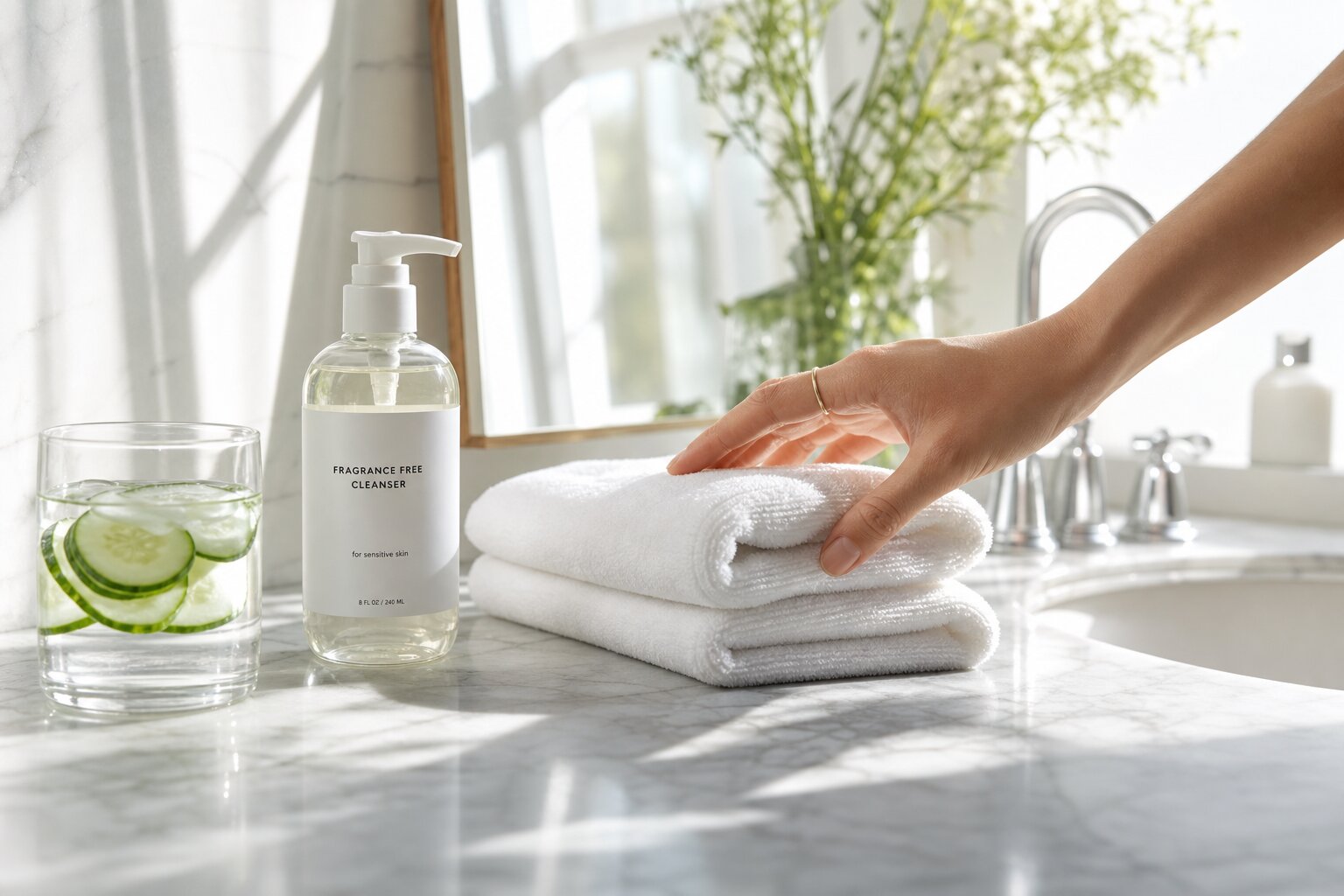 Fragrance-free cleanser, folded towels, and cucumber water on a bathroom counter for intimate wellness care.