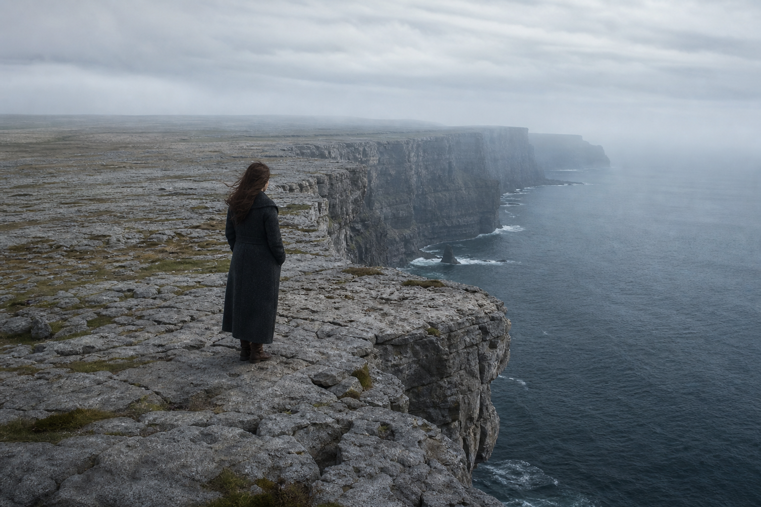 Woman standing on rocky coastal cliffs overlooking the ocean on a cloudy day in Ireland.
