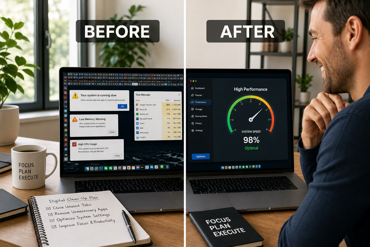Before and after laptop performance comparison showing improved speed and productivity.