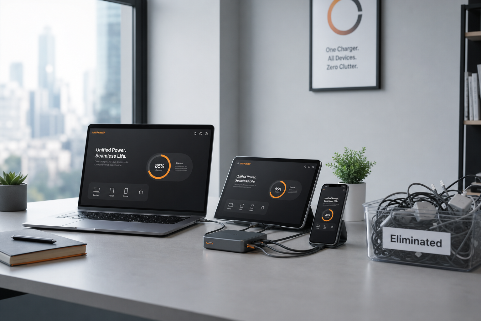 Laptop, tablet, and smartphone connected through a unified charging and workflow system.