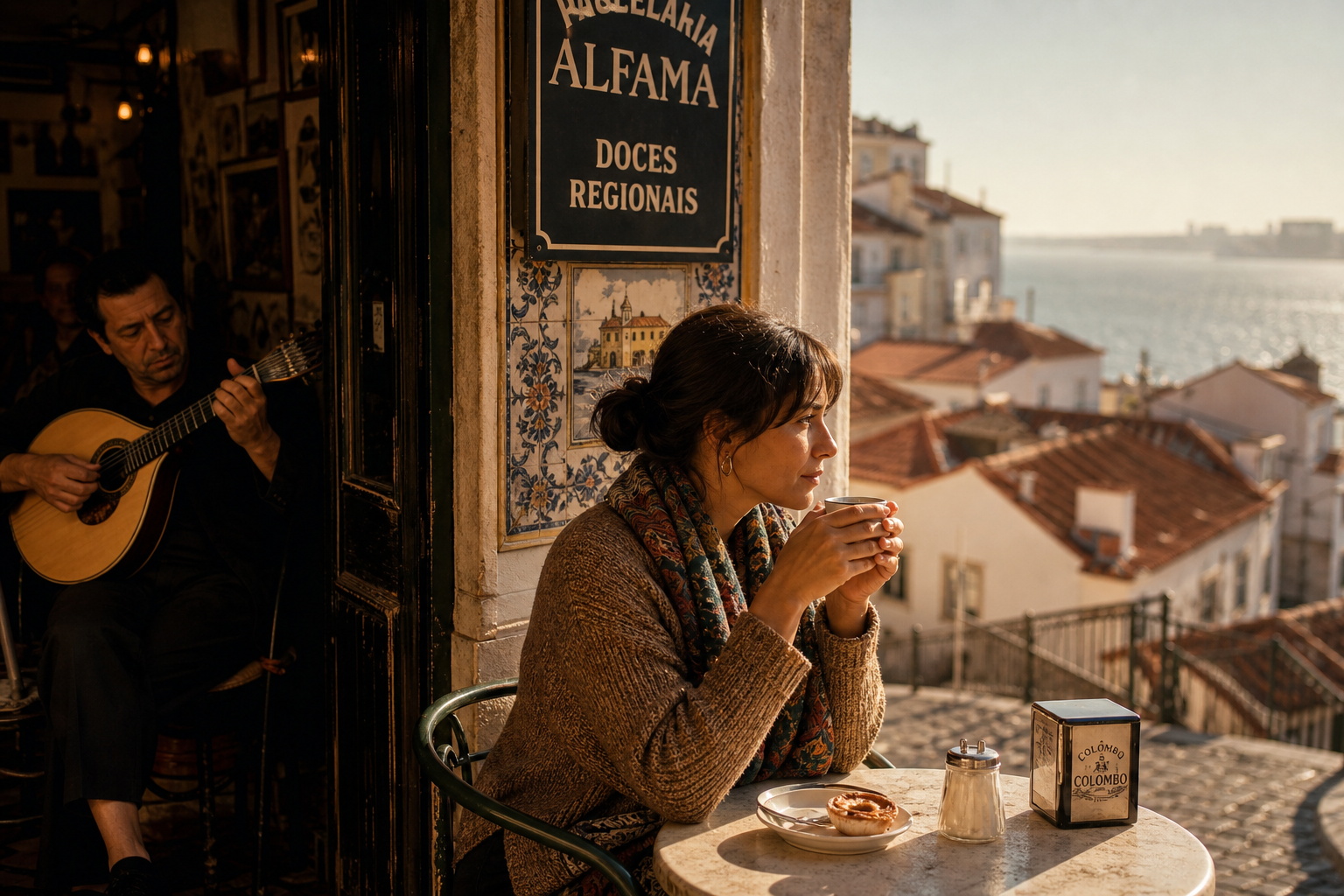 Woman enjoying coffee and pastry at a scenic Lisbon cafe overlooking the city.