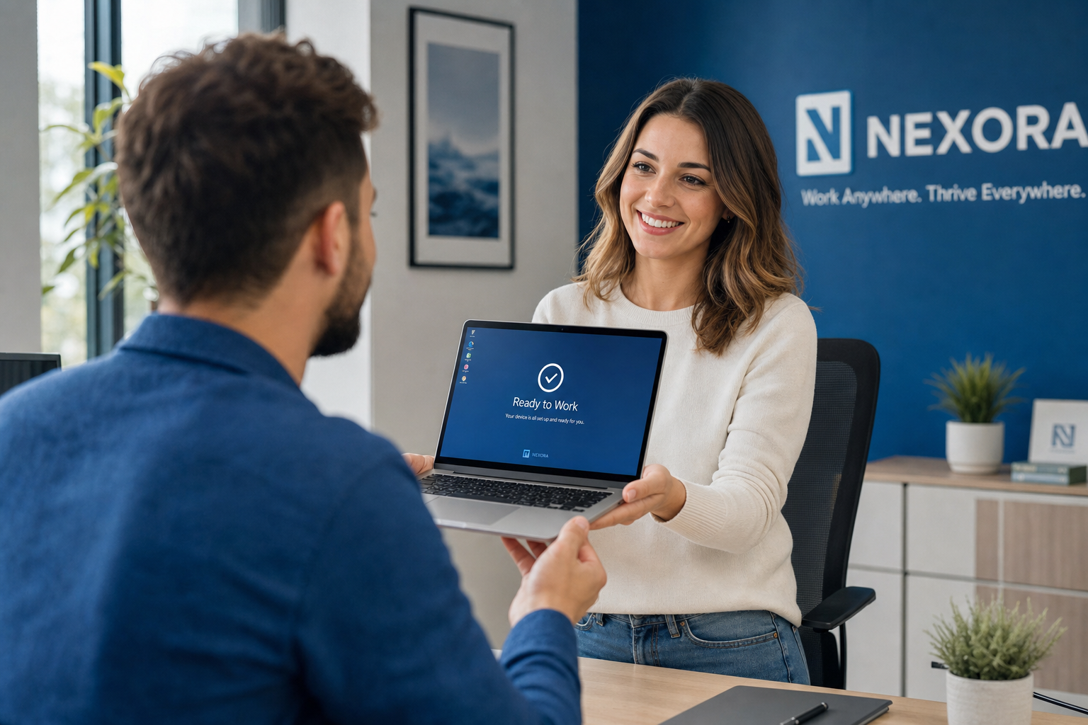 Employee handing over a ready-to-work laptop during office onboarding.