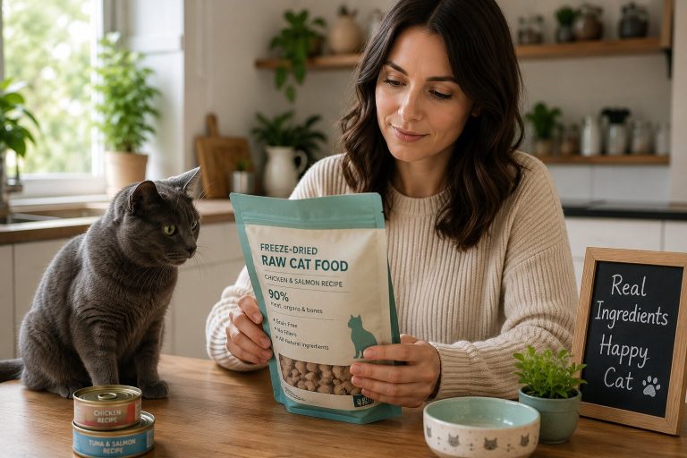 Woman reading cat food ingredients while sitting with her gray cat in a modern kitchen.