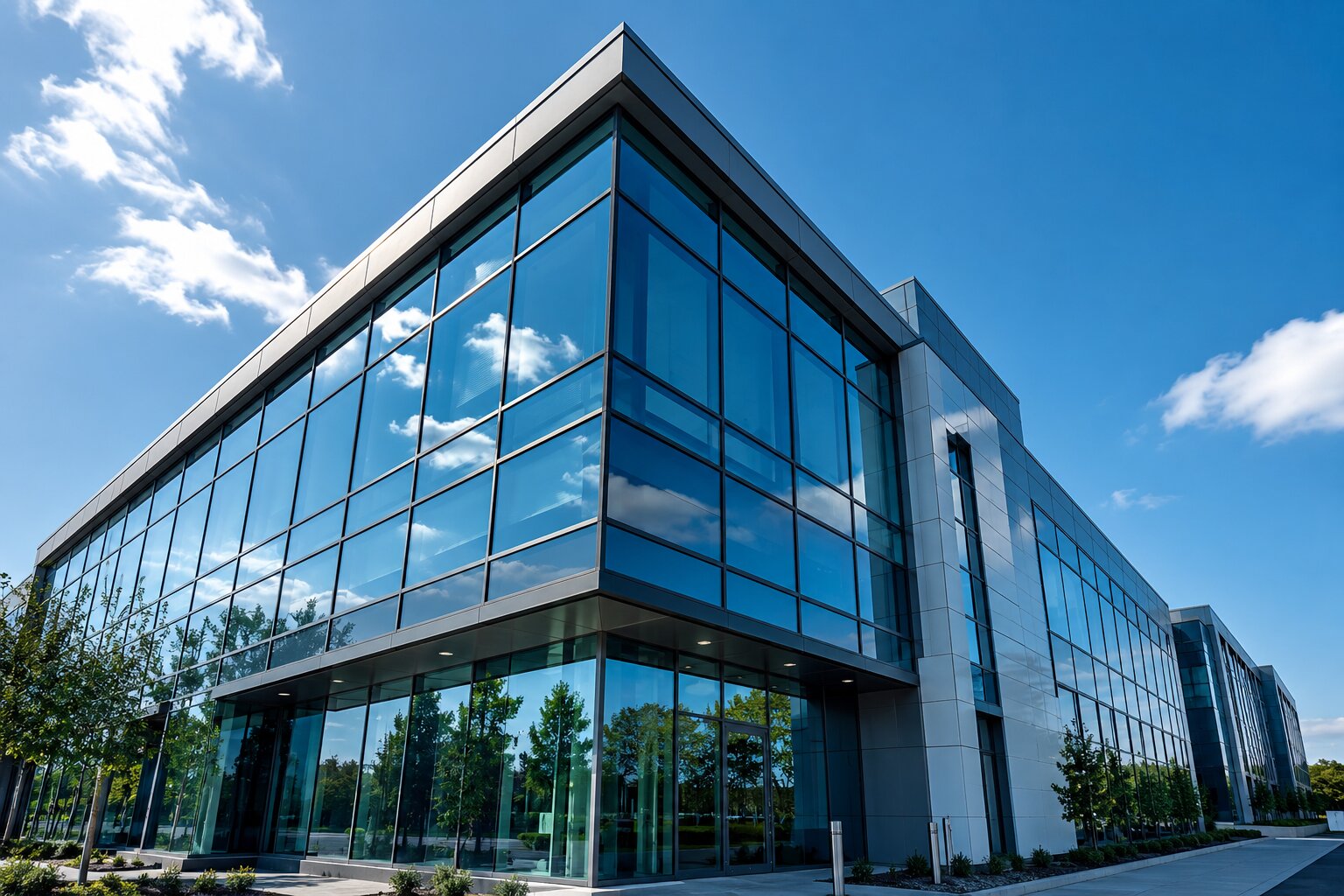Modern glass commercial building with clean landscaping and reflective windows under a blue sky.