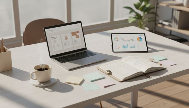 Modern entrepreneur workspace with laptop, analytics dashboard, planner, and marketing strategy notes
