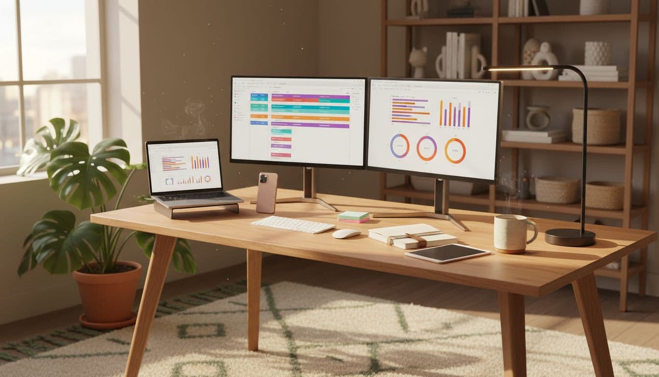 Modern home office desk setup with dual monitors displaying productivity dashboards, charts, and project management tools.