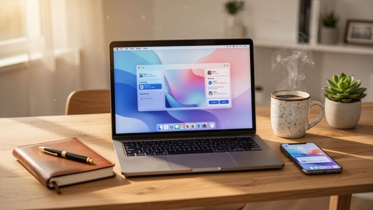 Laptop displaying a modern business website on a clean home office desk with coffee and smartphone nearby.