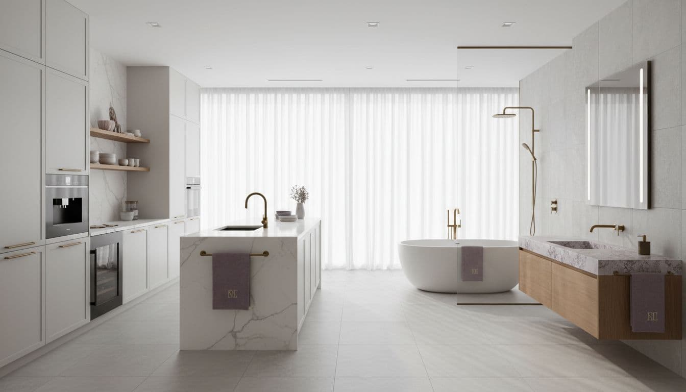 modern kitchen and bathroom showroom with white cabinets, marble island, and freestanding tub