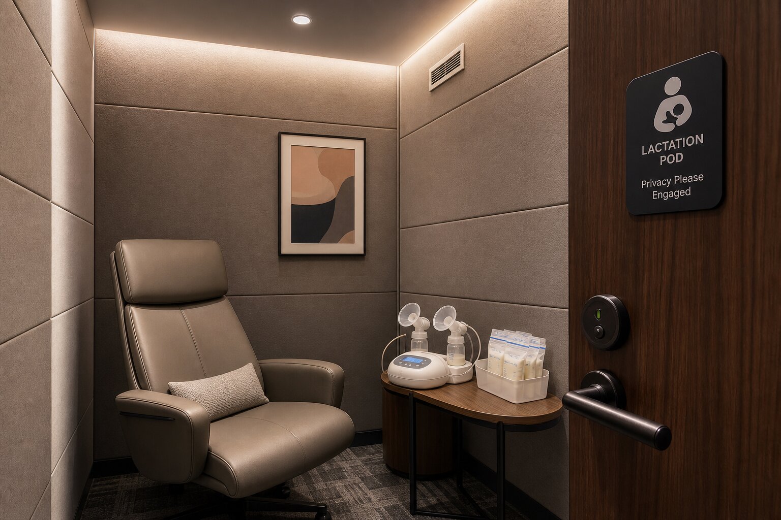 Modern lactation pod with a comfortable chair, breast pump, and private workspace setup.