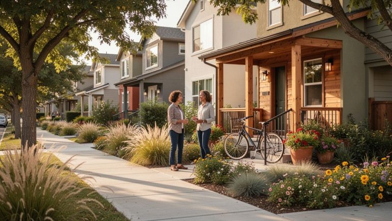 Two women talking outside modern suburban homes in a welcoming neighborhood with landscaped sidewalks and gardens.