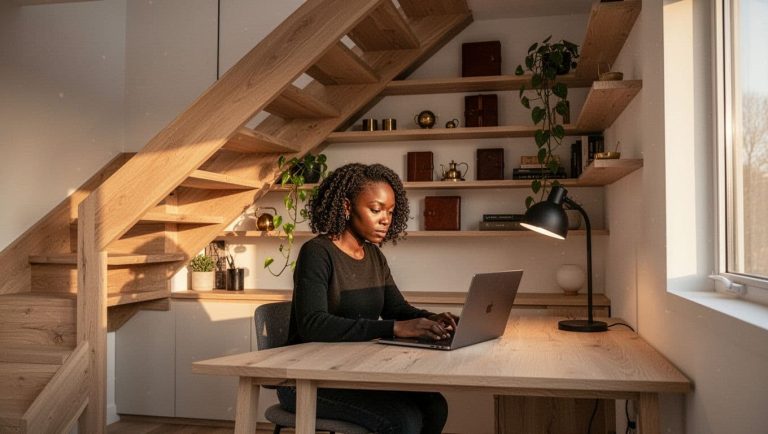 Black woman working from a cozy under-the-stairs home office with shelves and warm lighting.
