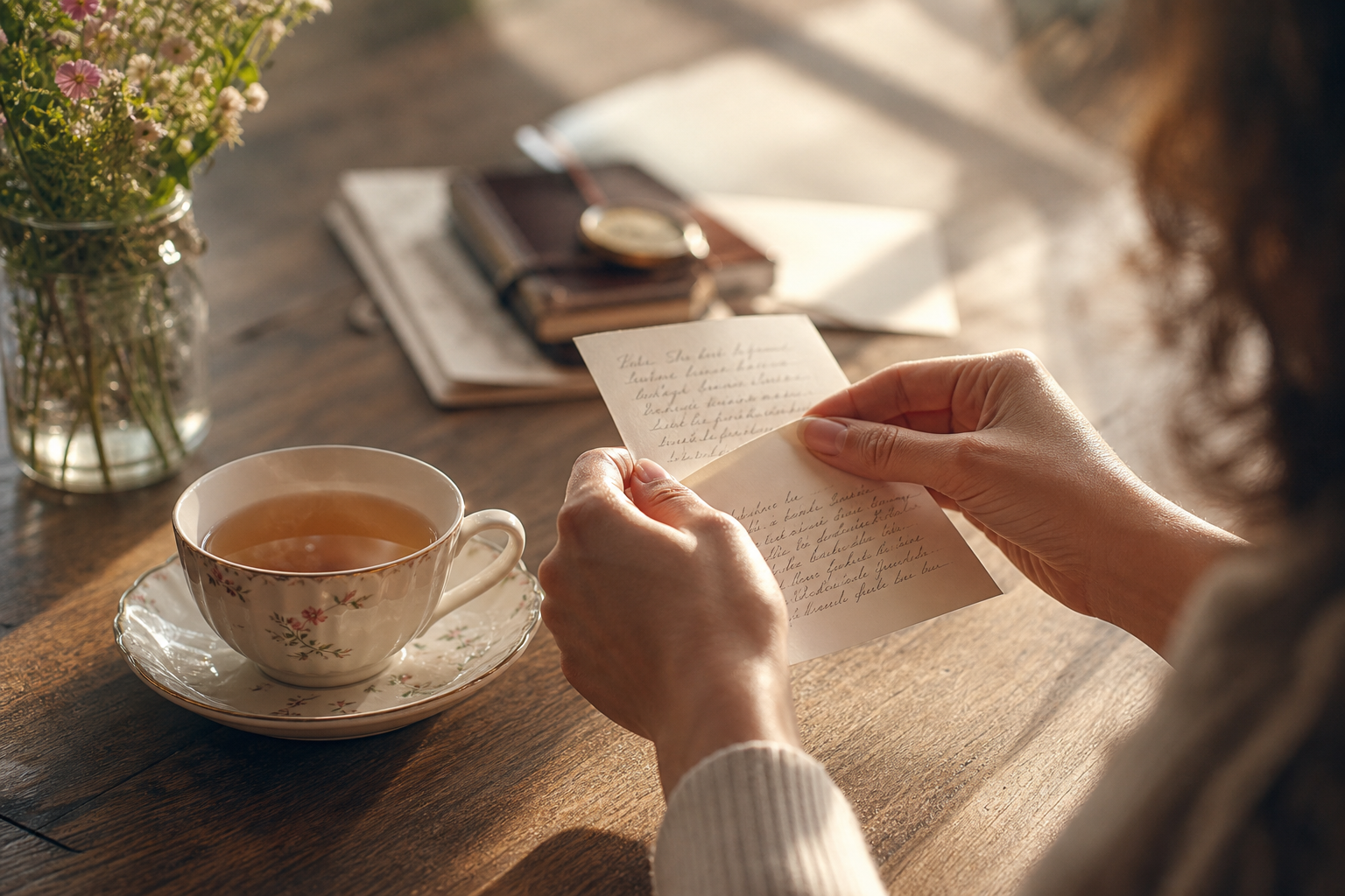 Person reading a letter next to a tea cup.